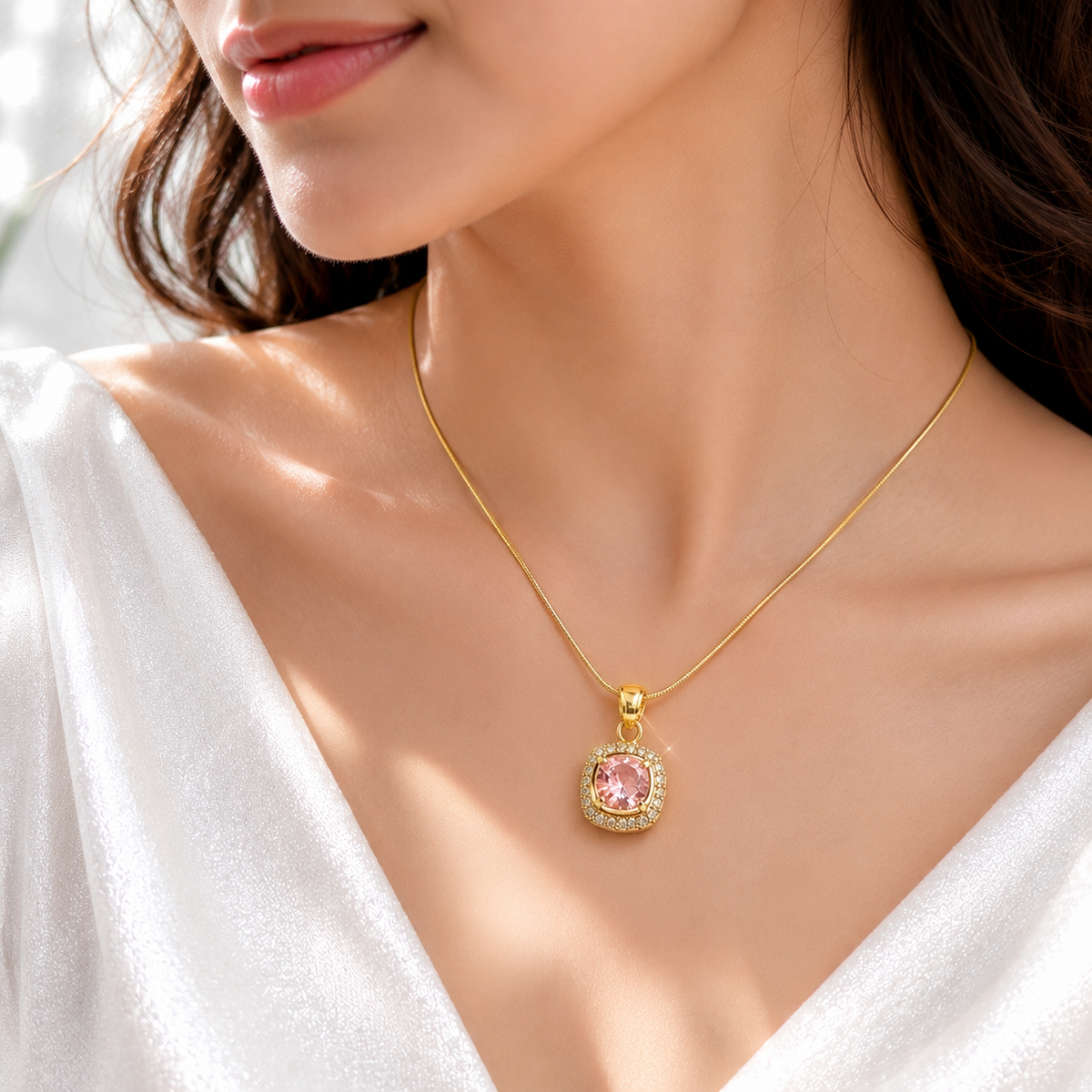 Anti-Tarnish Gold Pink Crystal Halo Pendant Necklace
