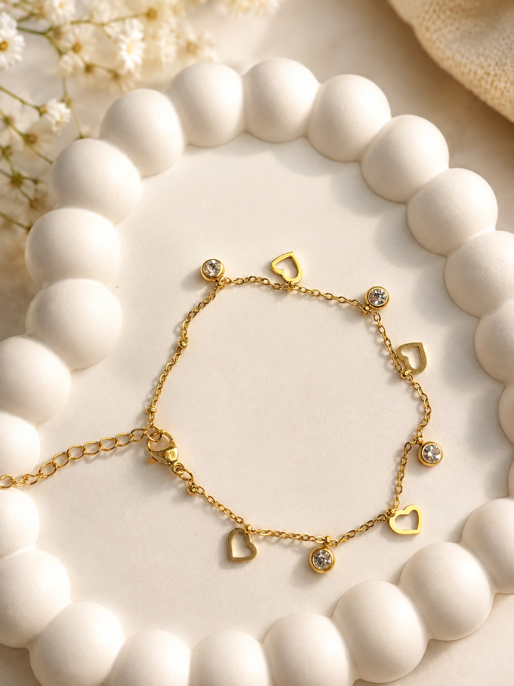 Anti-Tarnish Gold Heart Crystal Charm Bracelet