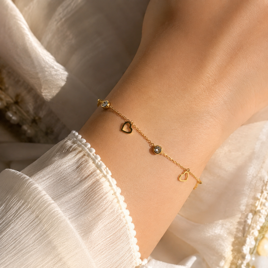 Anti-Tarnish Gold Heart Crystal Charm Bracelet