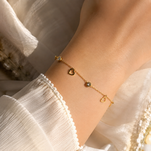 Anti-Tarnish Gold Heart Crystal Charm Bracelet