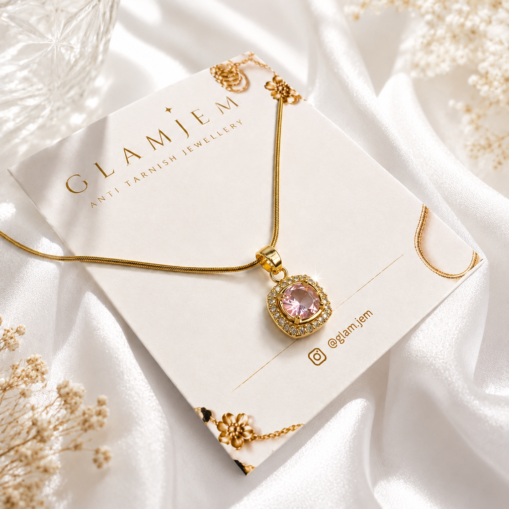 Anti-Tarnish Gold Pink Crystal Halo Pendant Necklace